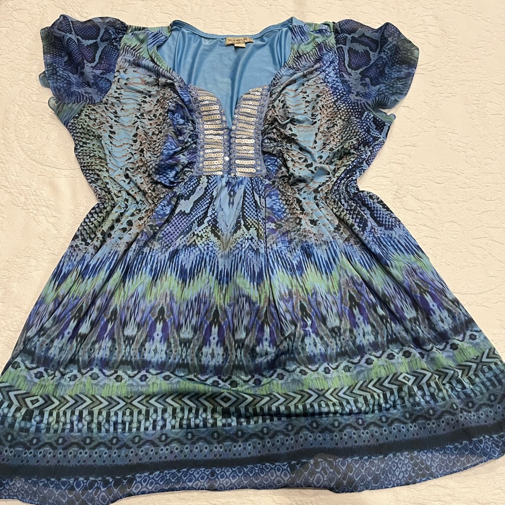 Blue and Green Patterned Top silver sequin